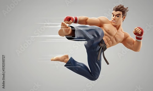 A strong person in a blue fighting uniform performs a powerful jumping kick against a light gray background. This dynamic action shot captures the strength and athleticism of the athlete.