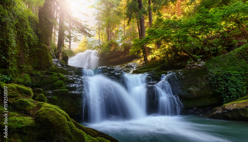 cascading waterfall in enchanted forest nature photography tranquil scene soft lighting serene atmosphere