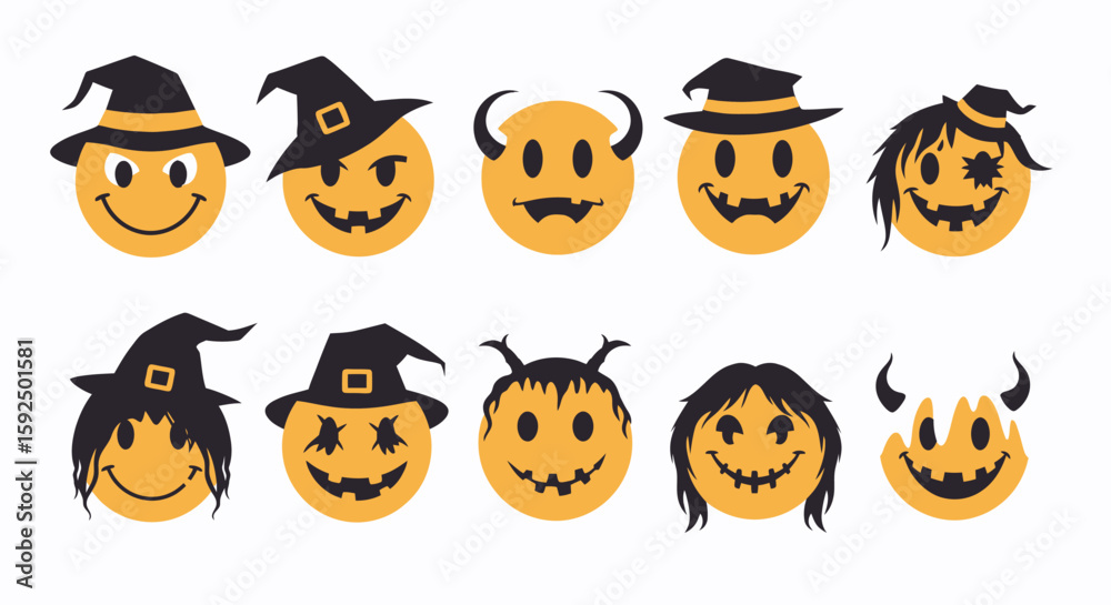 Halloween Emoji Faces with Witch Hats and Devil Horns Halloween Emoji Faces with Witch Hats and Devil Horns