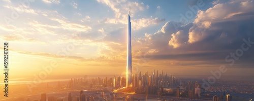 Futuristic View of the Jeddah Tower at Sunset