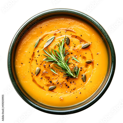 Delicious creamy butternut squash soup garnished with herbs olive oil and pumpkin seeds in a bowl