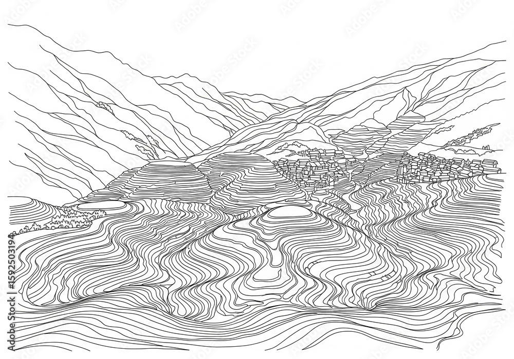 Fototapeta premium Yuanyang Rice Terraces (元阳梯田) in China one line drawing style