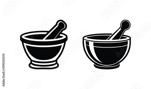 Two mortars and pestles in black and white illustration