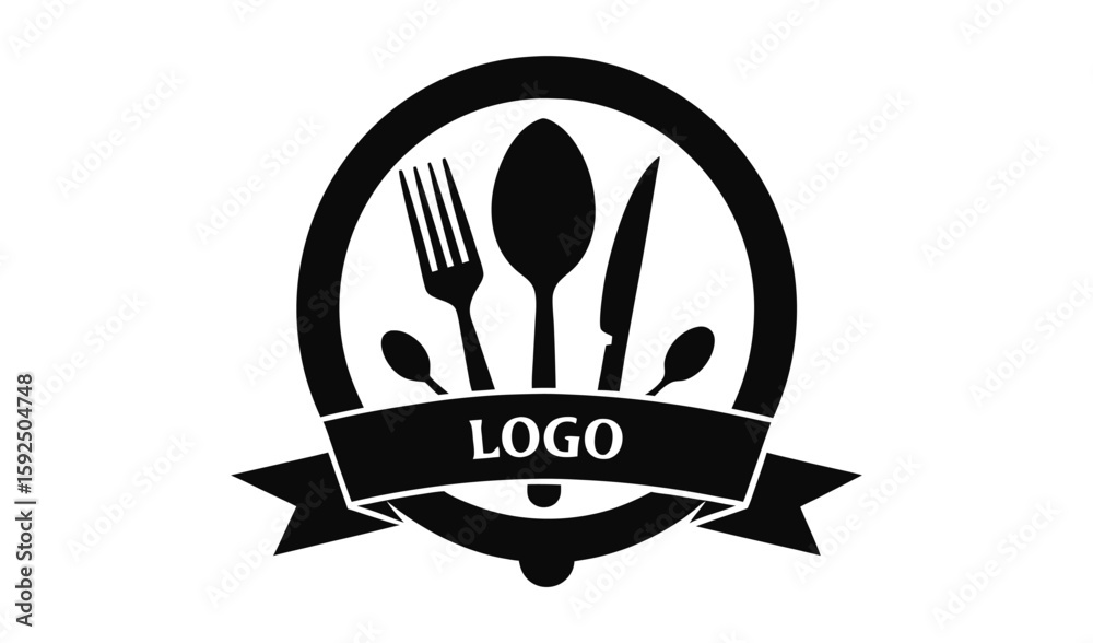 Restaurant logo with utensils and ribbon Restaurant logo with utensils and ribbon
