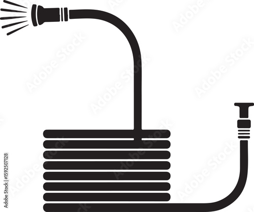 Black silhouette of a coiled garden hose with a spray nozzle and water stream