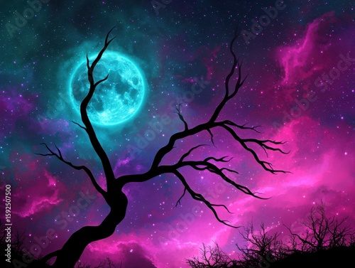 Mystical Night Sky with Glowing Moon and Gnarled Tree Silhouette