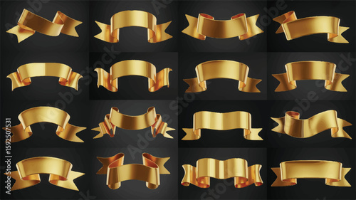 Collection of sixteen golden ribbon banners award celebration