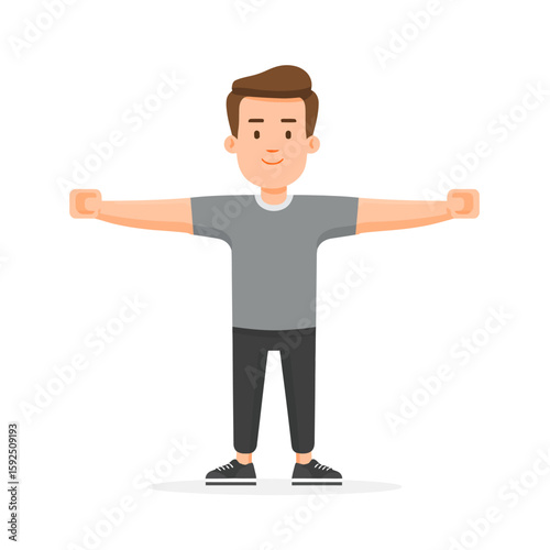 Smiling man standing with arms outstretched, simple cartoon illustration.