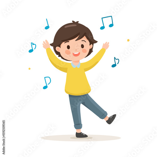 Happy boy joyfully dances, surrounded by musical notes, expressing pure delight.