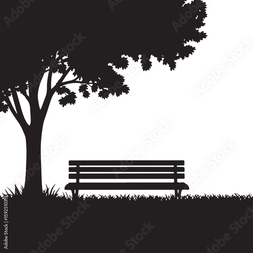Peaceful park bench under a large tree in a serene silhouette