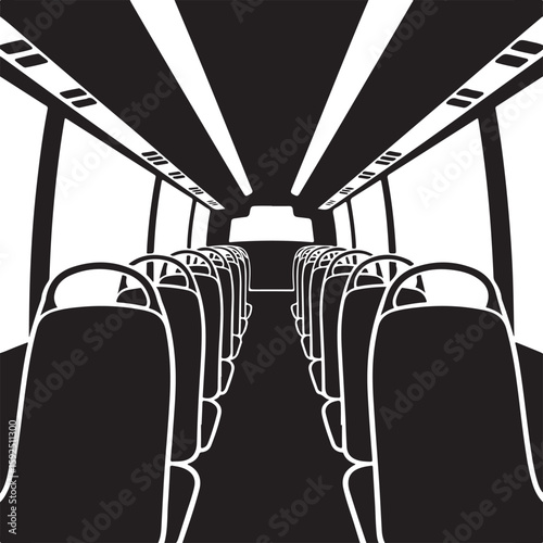Interior view of an empty bus with rows of seats in a striking silhouette