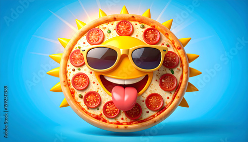Smiling Pizza Sun Wearing Sunglasses on Blue Background