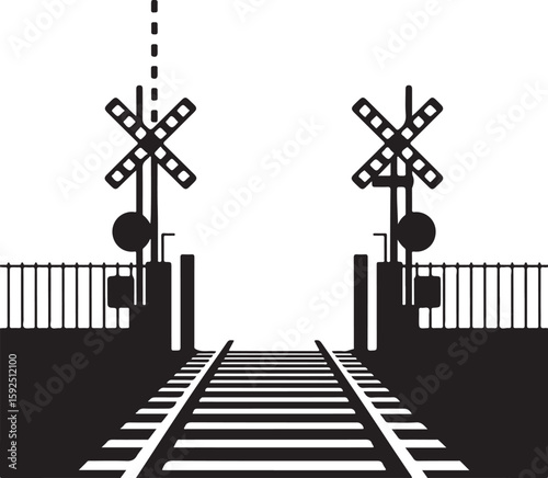 Railroad crossing with warning signs and barrier arms silhouette