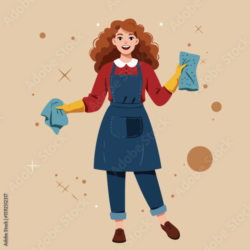Woman cleaning with cloth and sponge in apron and gloves cheerful lifestyle vector illustration 