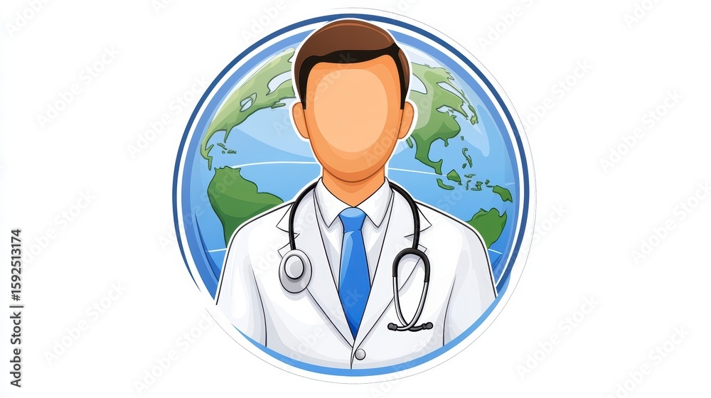 Fototapeta premium Faceless doctor in white coat with stethoscope, global map background.