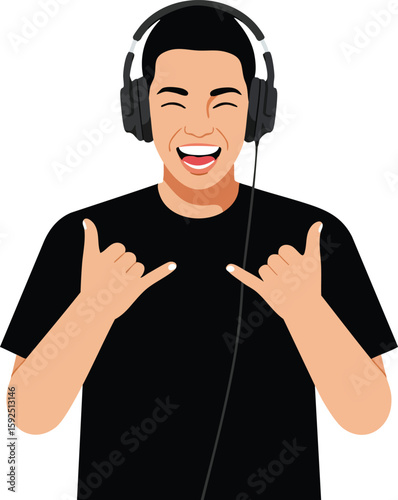 Young man enjoying music with headphones smiling and making shaka hand gesture in black t-shirt vector illustration 