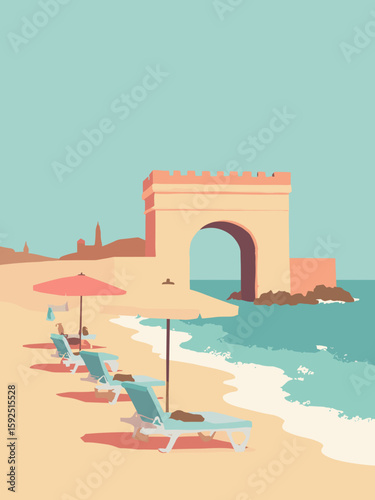 Rimini, Italy – Arco d'Augusto and beach umbrellas in coral, tan, teal, and soft sky blue