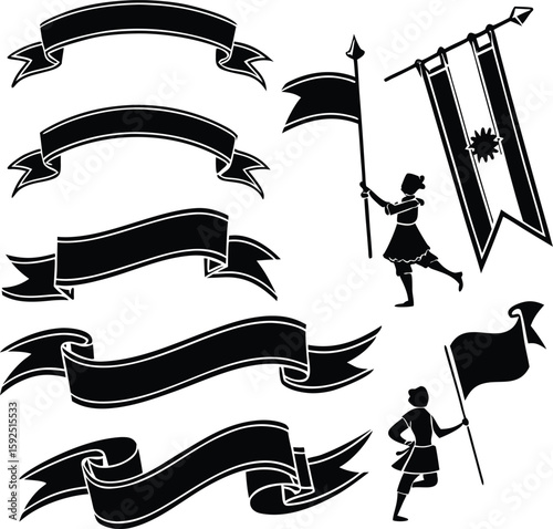 Black silhouette banners and figures holding flags on white background ribbon vector