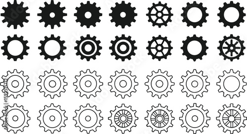 Collection of black and white gear icons with varying teeth and internal designs cogwheel mechanical