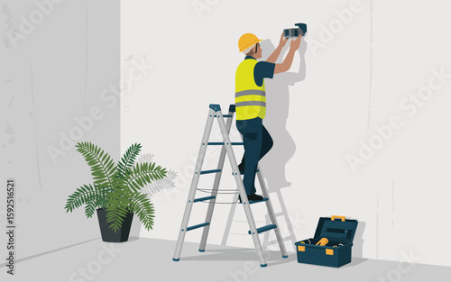 Technician installing security camera on wall, modern flat style illustration.
