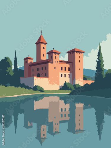Ferrara, Italy – Castello Estense with moat reflections in terracotta, pine, and moody blue