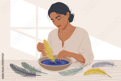 Serene woman dyeing feathers in a wooden bowl flat vector illustration