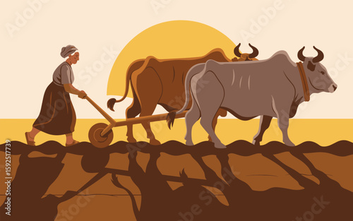 Woman farmer plowing field with oxen at sunrise, rustic illustration
