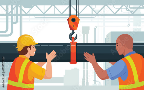 Industrial Workers Guiding Large Pipe with Crane, Teamwork, Safety