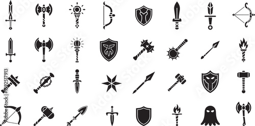 Fantasy weapon and shield icons sword mace axe vector
