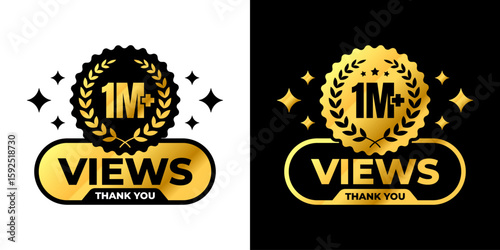 1M Views Badge with Laurel and Thank You Message. For icon, logo, label, insigna, seal, tag, sign, symbol, badge, stamp, sticker, emblem, banner, design, badges, labels, poster. Vector Illustration
