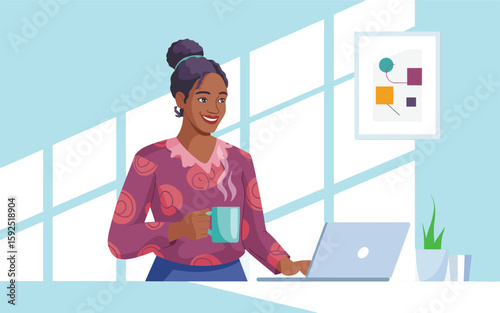 Woman Working From Home with Laptop and Hot Drink Illustration
