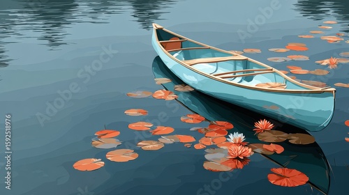 Flat art: Robin's egg blue canoe centered on pearl grey lake, minimalist lily pads in terracotta, clean reflection