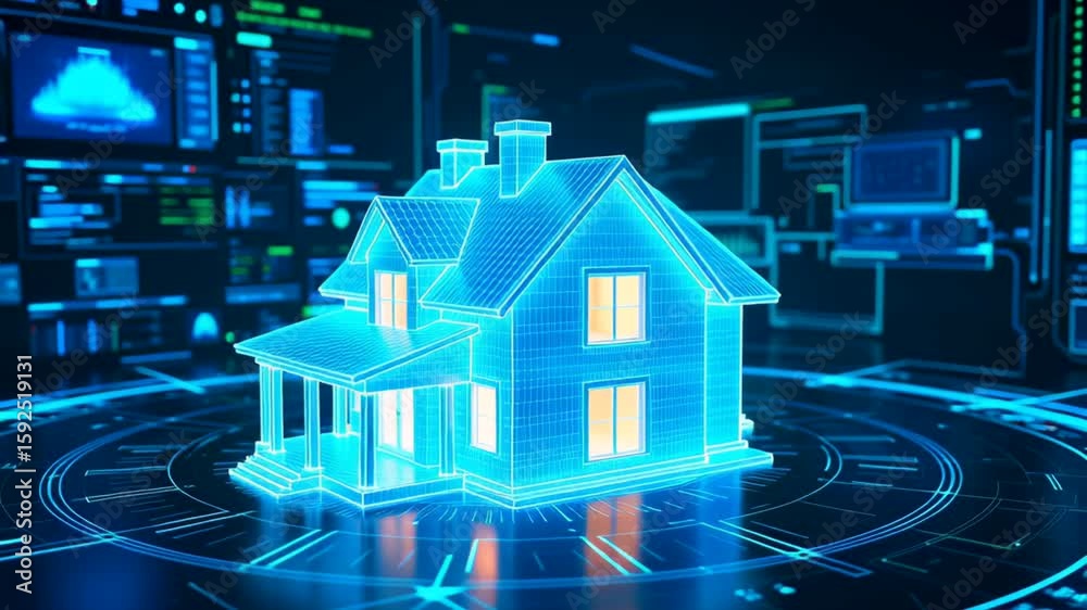 Glowing holographic blue house floats in front of data panels and coding interface. Concept of smart home and digital security Glowing holographic blue house floats in front of data panels and coding interface. Concept of smart home and digital security