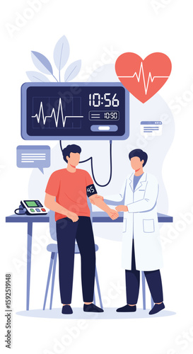 Doctor checking patient's blood pressure and heart rate during a routine medical examination showing vital signs on a monitor