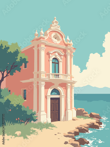 Pesaro, Italy – Rococo façade of Pio Battibaleno Palace by the sea in coral, ivory, turquoise, and pale gold
