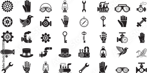 Steampunk industrial objects and creatures gears goggles