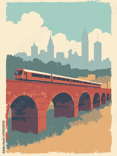 Sesto San Giovanni, Italy – red-brick railway arches and modern skyline in brick red, steel gray, ivory, and mint