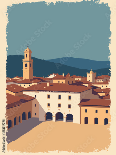 Arezzo, Italy – Piazza Grande loggia and medieval rooftops in warm ochre, burnt sienna, cream, and twilight blue