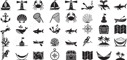 Nautical adventure symbols sailboat lighthouse crab whale diver coral compass map treasure