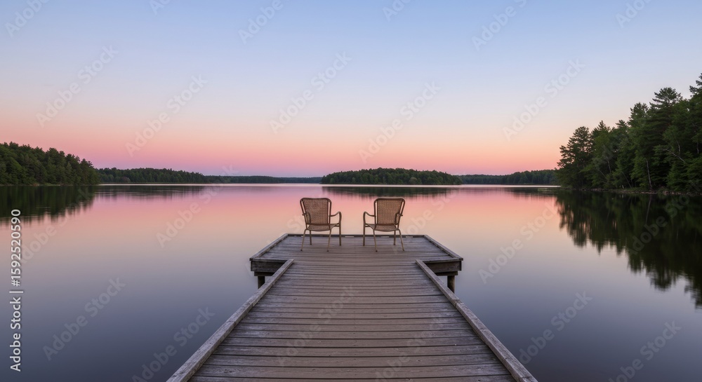 Obraz premium Empty chairs on a wooden dock at serene lake sunset