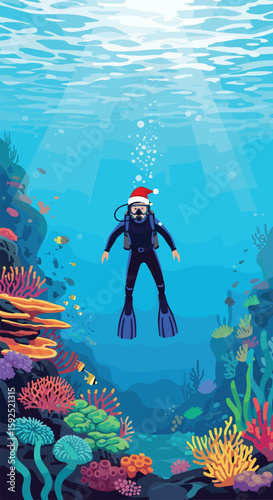 Festive scuba diver exploring vibrant coral reefs beneath the sunlit ocean surface