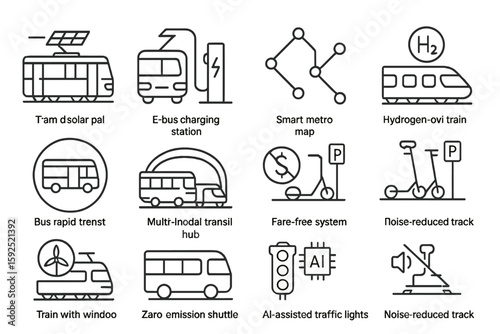 Modern urban transport icons: smart metro, e-bus, hydrogen train