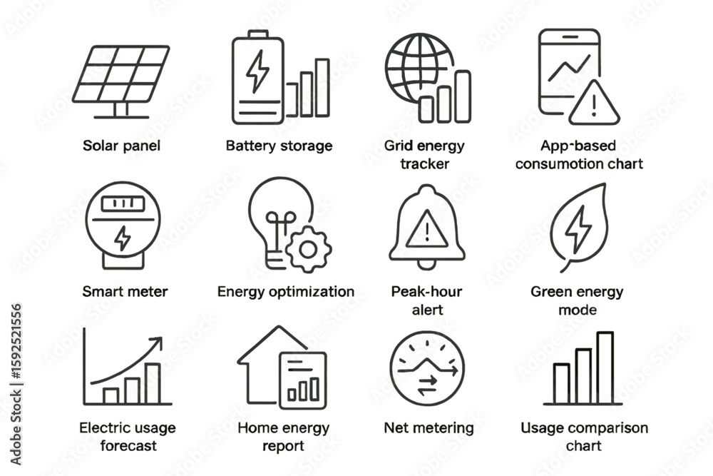 Fototapeta premium Renewable energy icons for home and grid management solutions