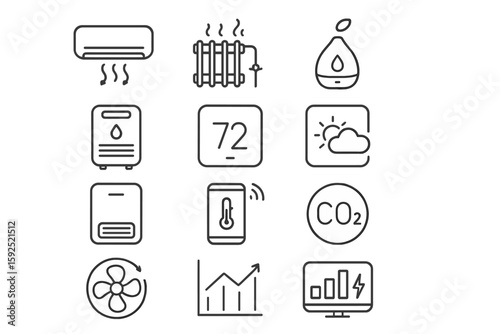 Smart home climate control icons for air quality and temperature management