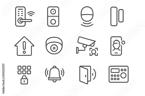 Home security system icons: camera, alarm, door sensor, keypad