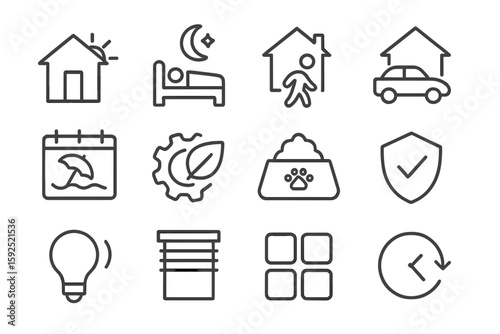 Minimalist icons set representing home, car, pets, and weather elements