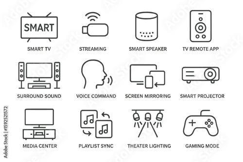 Smart home technology icons for entertainment and media control