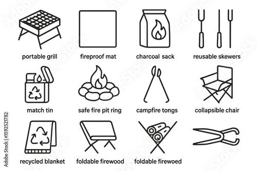 Outdoor camping gear icons: grill, skewers, chair, firewood, mat, sack