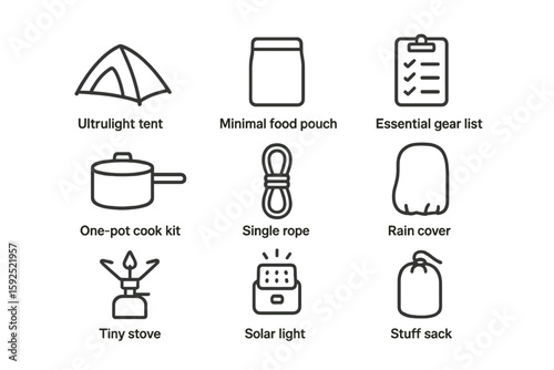 Camping icons for gear and equipment: tent, cook kit, checklist, solar light