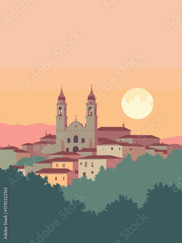Ragusa, Italy – baroque skyline of Ragusa Ibla at dusk in salmon pink, limestone, moss green, and sunset orange